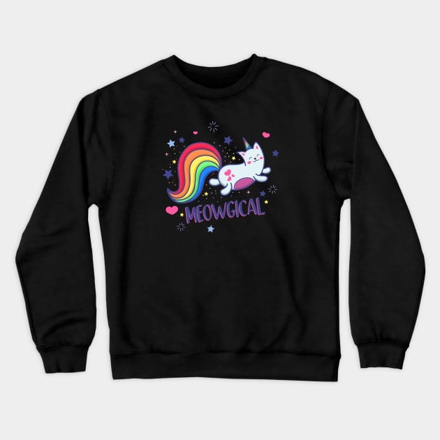 Meowgical Magical Rainbow Kitty Cat Unicorn Crewneck Sweatshirt by LittleBunnySunshine